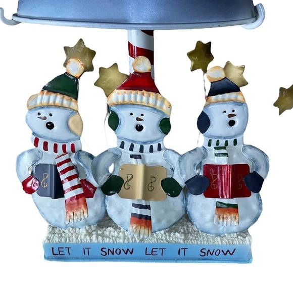 Vintage Tea Light Lamp Snowmen Caroling Pierced Metal Blue Shade Large 12 Inch - Picture 5 of 16